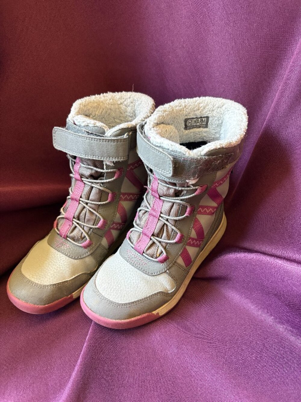 Merrell Girls Winter Boots Gray Pink Faux Fur Lined Size 1
